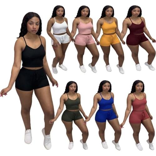 Spaghetti Straps Ribbed Sexy 2021 Women Two Piece Set Fitness Tracksuit Solid Camisole Top Biker Shorts Summer Sporty Jogger Set