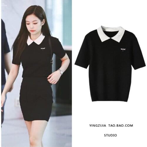 Black Knitted Shirt Women Top Spring Summer Short Sleeve Slim Fit White Collar High End Tee Shirt Femme Chemise Camiseta Feminin