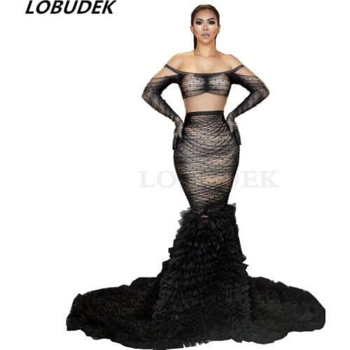 Black Rhinestone Tailing Floor-length Long Dress Women Birthday Celebrate Prom Mermaid Dresses Singer Host Model Catwalk Costume