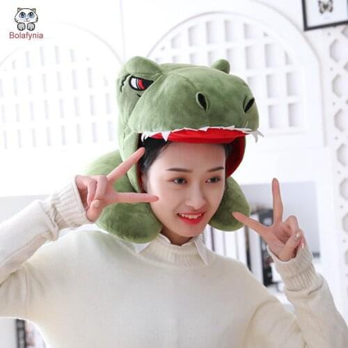 Dinosaur With Hat Neck Pillow Hood Hat Plush Toy Birthday Stuffed Cap Gift