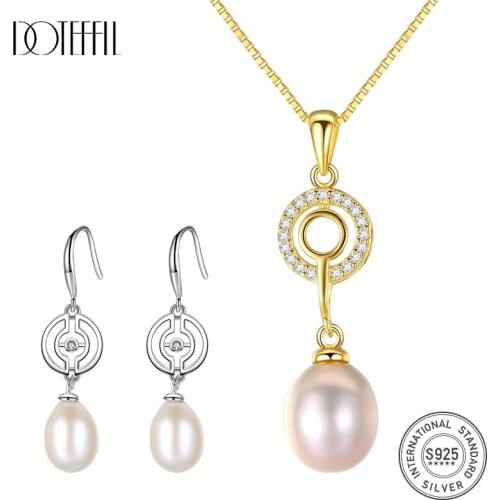 DOTEFFIL 925 Silver AAA Zircon pearl Jewelry Set Earring/Necklace Natural Freshwater Pearl Fine Jewelry For Women Gifts