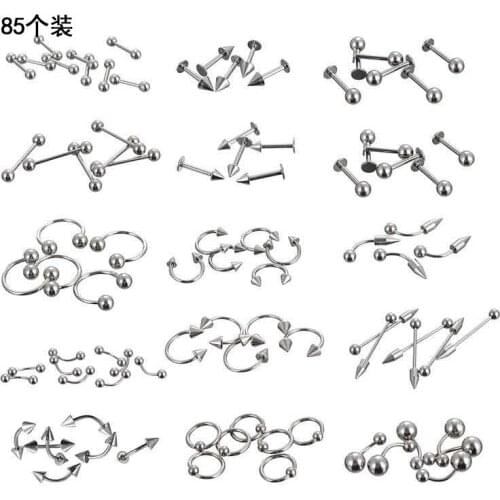 85PCS/Pack 17 Types Mixed Stainless Steel Nose stud Ring Lip Eyebrow Hoop Piercing Body Punk Personality Fashion Jewelry