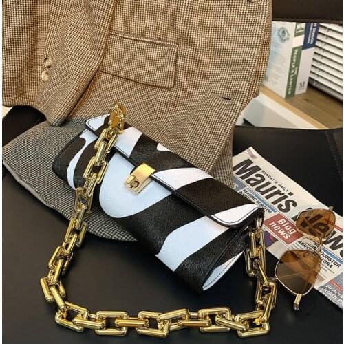 Soft Voluminous Clutch With Square Ring Chain Shoulder Pu Zebra Print Sling Bag Small Leopard Chain Fashion Handbags For Girl