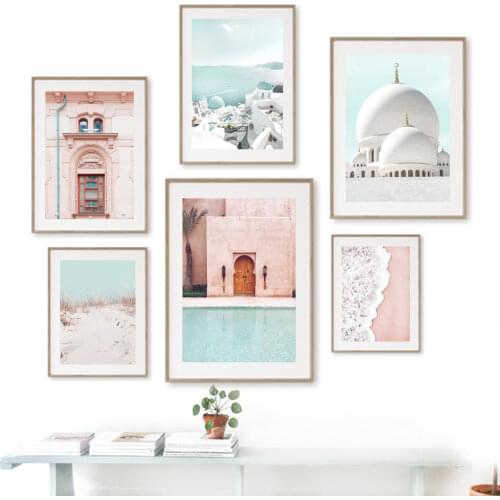 Mosque Beach Moroccan Door Windows Sea Wall Art Canvas Painting Nordic Posters And Prints Wall Pictures For Living Room Decor