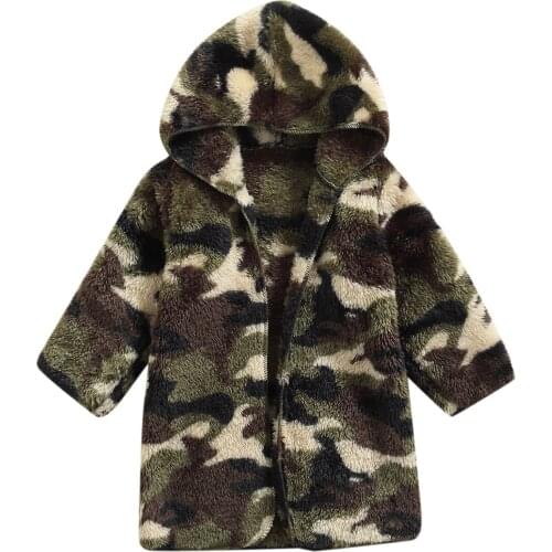 Autumn Winter Fashion Baby Kids Boys Girls Plush Jacket Coat Toddler Camouflage Printed Casual Outerwear Hooded Cardigan