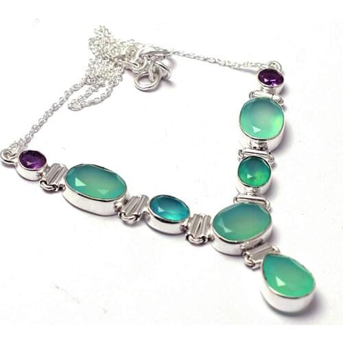 Genuine Faceted Chalecedony + Amethyst Necklace 925 Sterling Silver, 48 cm, MHBNE0181