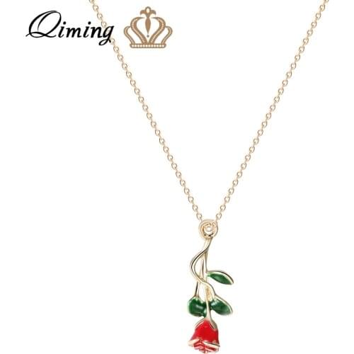 QIMING 3D Red Rose Necklace Women Bride Beautiful Flower Green Leave Wedding Jewelry Valentine Girlfriend Gift Necklaces