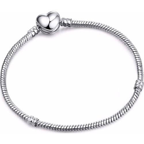 Silver Heart Snake Chain Bracelet For Women Fit Original Pamura Charm Beads Jewelry Gift
