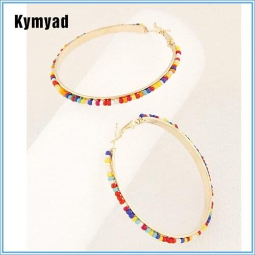 Kymyad Bohmeia Trendy Earrings Big Round Hoop Earrings Handmade Colorful Beads Earring Large Circle Statement Earrings For Women