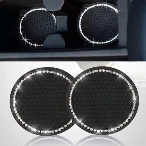 2pcs Silicone Non-slip Elastic Durable Carbon Auto Water Cup Bottle Holder Car Mug Coaster Rhinestone Mat Pad Car Interioration