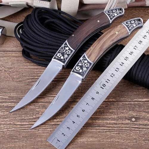 8.46'' Folding Pocket Knife Survival Tactical Knife 440C Outdoor Camping Hiking Hunting Knives Wood Handle EDC Fishing Tools