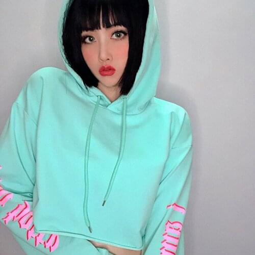 Streetwear Raglan Long Sleeve Loose Panelled Letter Hoodies Sweatshirt Women 2021 Fall Green Hip Hop Harajuku Crop Top