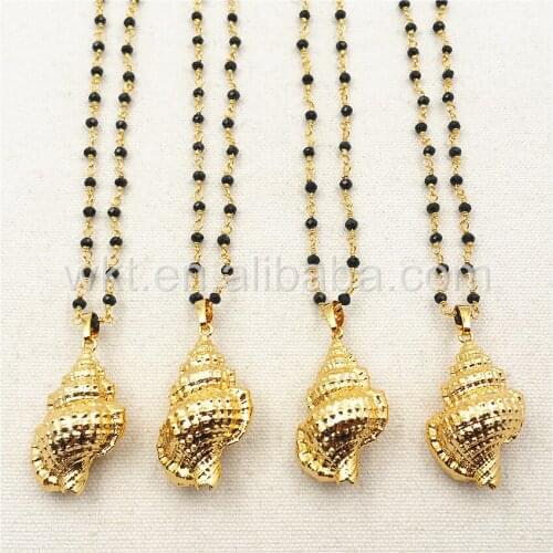 WT-JN019 Wholesale Genuine sea shell trumpet necklace, 24k full gold dipped natural trumpet shell necklace 18" inch long