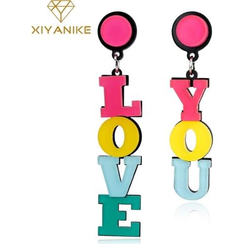 XIYANIKE Exaggerated Korean Style Cute Love You English Letter Long Drop Earrings For Woman Girl Lovely Acrylic Funny Jewelry