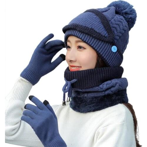 Women Winter Knitted Beanie Cap Warm Face Cover Neck Scarf Gloves Outdoor Set