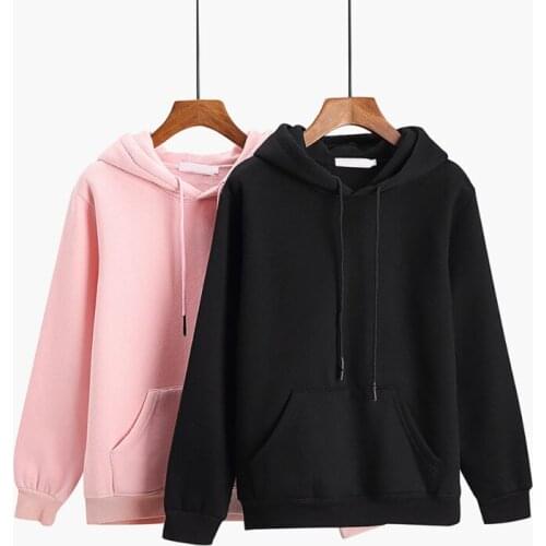 Girl Women Simple Autumn Cotton Warm Long Sleeve Sweatshirt Cute Solid Color Plus Velvet Loose Hooded Sweatshirts