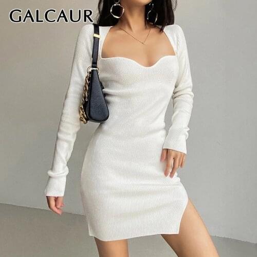 GALCAUR Sexy Mini Dresses For Women 2021 Square Collar Long Sleeve High Waist Solid Split Thigh Summer Dress Female Clothing New