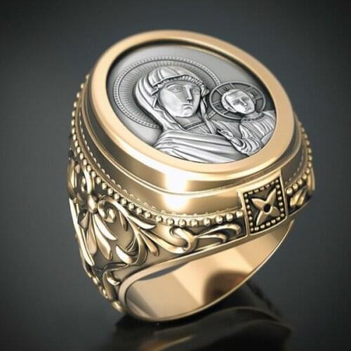 Gold Color Orthodox Virgin Mary Religion Ring for Women Men Legendary Mythology Carved Pattern Punk Rings Holiday Jewelry Gift