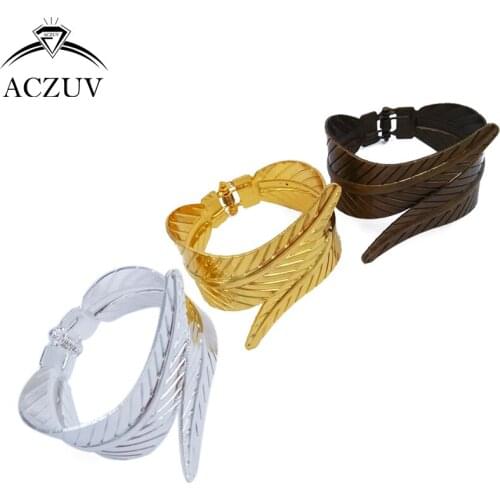 ACZUV 50pcs Silver Gold Antique Bronze Copper Metal Fashion Leaf Wristband Bangle Cuff Bracelet Cuff BBS014