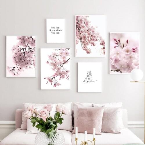Pink Flower Picture Wall Art Canvas Painting Modern Nordic Quote Plant Posters and Prints for Home Decor Living Room Art Design