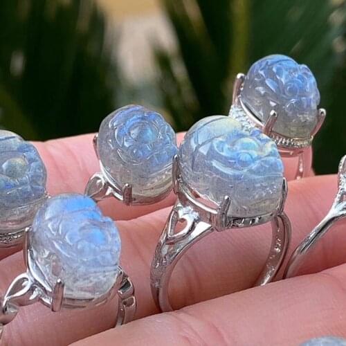 Top Quality Natural Labradorite Blue Light Rainbow Moonstone Ring 12x10mm Gift 925 Sterling Silver AAAAA Adjustable Ring Jewelry