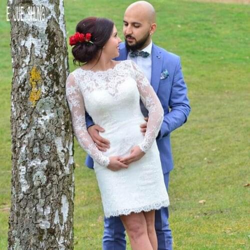 E JUE SHUNG Short Sheath Wedding Dresses Jewel Neck Long Sleeves Button Back Vestidos De Noiva Mini Lace Wedding Bridal Gowns