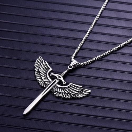 Wing Holy Sword Cross Pendant Necklace Mens Necklace New Fashion Metal Retro Accessories Religious Amulet Party Jewelry