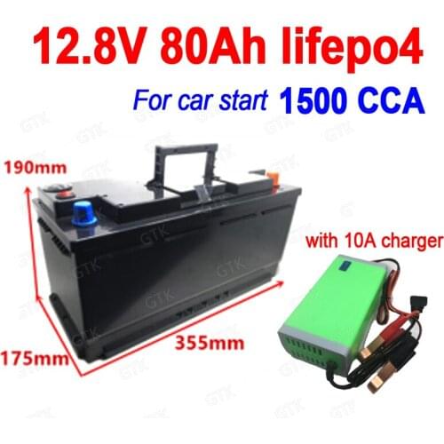GTK 12.8V Lifepo4 12V 80Ah lithium battery 1500A CCA 800A lithium Iron phosphate for Start vehicle start car inverter + Charger