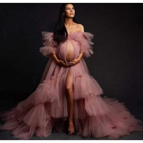 Fashion Evening Dresses Tulle Robe Pregnant Women Photography Sweetheart Broom/Brush Lace-Up Multi-Layer Design Photo Shoot Gown
