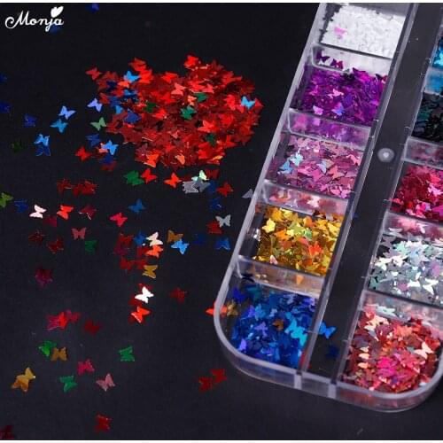 Monja 12 Grids Mixed Color Butterfly Shape Nail Art Glitter Flake Natural Sparkly Sequins 3D Decal Decorations Nails Accessories