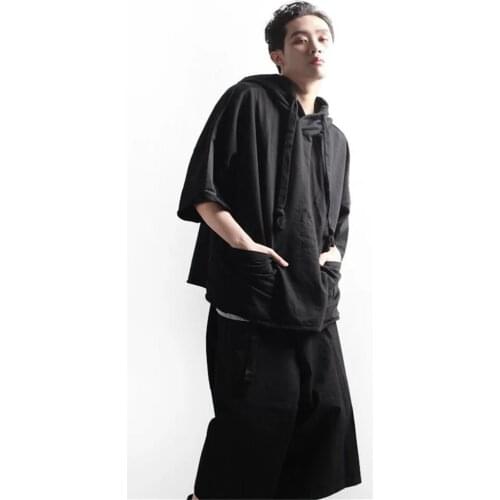 Mens summer new Korean style dark wind casual square hoodie loose large size short sleeve T-shirt