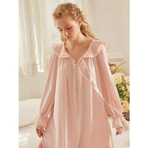 Vintage Cotton Womens Long Nightgowns White /Pink Color Loose Nightwear Elegant Autumn Spring Comfortable Long Nighty Dress