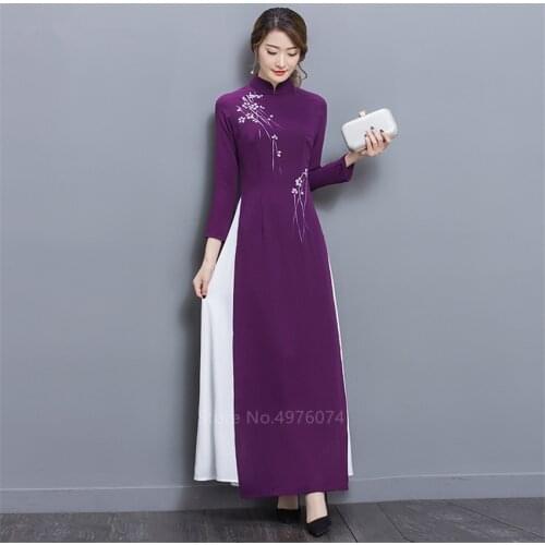 2021 New Folk Style Vietnam Robes Chiffon Aodai Graceful Dress Stand Collar Elegant Traditional Clothing Floral Cheongsam