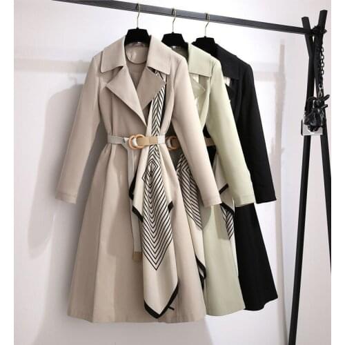 2020 Autumn Thin Trench Coat Women Solid Slim Trench with Silk Scarf