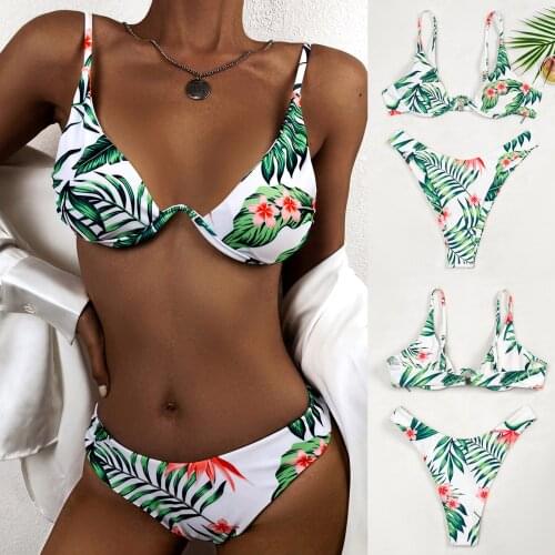 Sexy String Bikini Tropical Leaf Printing Swimwear Women Fashion Two-pieces Siwmsuit Female Swim Biquini Bandage Bikini Set 2021