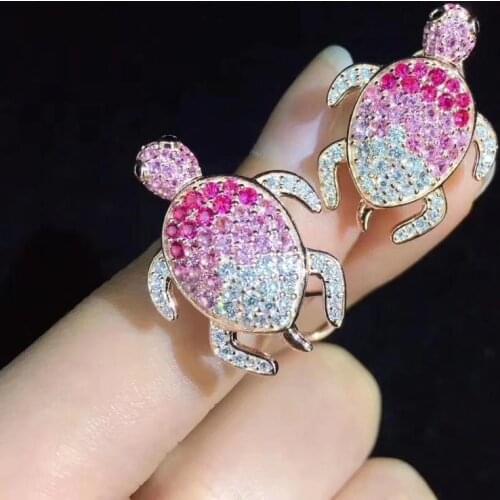 Cute pink color tortoise stud earring 925 sterling silver with cubic zircon 24*18MM fine jewelry for women & girl
