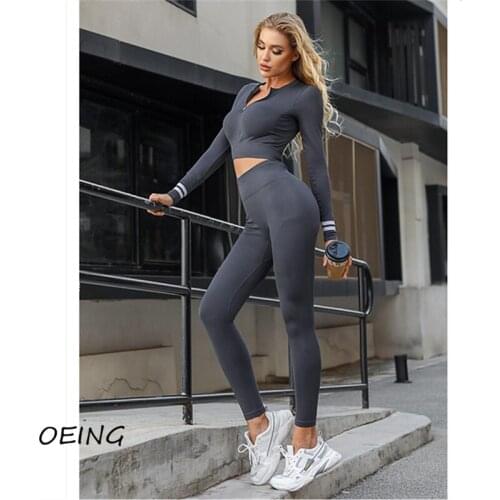 Long Sleeve Zippers Sports Gym Clothing Workout Set Womens Yoga Set