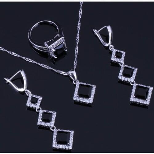 Smooth Square Black Cubic Zirconia White CZ Silver Plated Jewelry Sets Earrings Pendant Chain Ring V0259