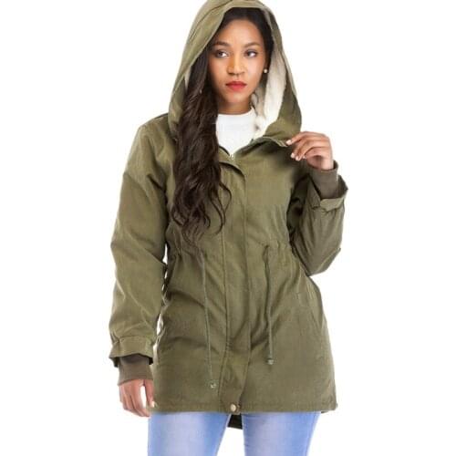 Women Windbreaker Hooded Jacket Winter Velvet Loose Solid Color Long Sleeve Coats Simple Fashion Plus Size Zipper Womens Tops