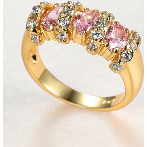 Female Luxury Oval Zircon Engagement Ring Cute Pink Crystal Stone Ring Vintage Yellow Gold Color Thin Wedding Rings For Women