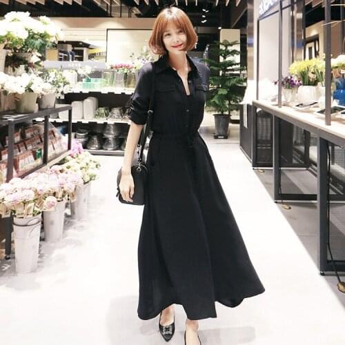 2018 new Soft long sleeved t-shirt dress women spring temperament fashion Vintage Solid Cotton BLACK Dress Woman tight waist