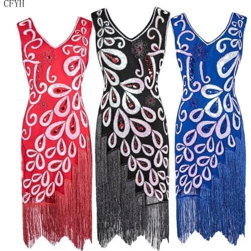 Women Peacock Sequin Dress 1920s Great Gatsby Dress Vintage Sequin Flapper Tassels Beaded Party Peacock Latin Dance Clothing