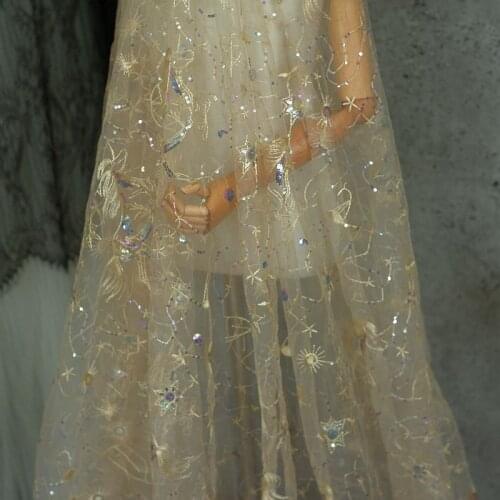 150cm Sequined Star Starry Apricot Embroidery Mesh Lace Fabric For Evening Dress Womens Skirt Bridal Tulle Dress Sequins Fabric