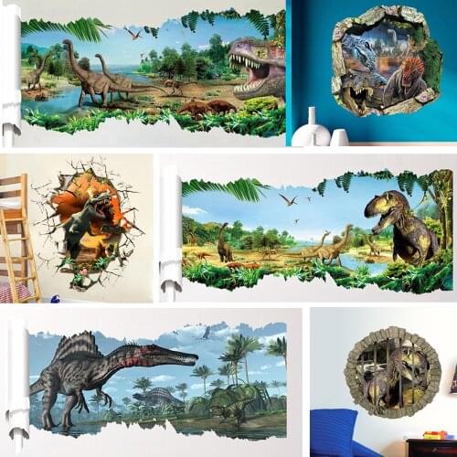 3d Dinosaurs Wall Stickers Home Decoration Cartoon Living Room Jurassic Period Animals Print Decal Mural Art Poster Peel & Stick