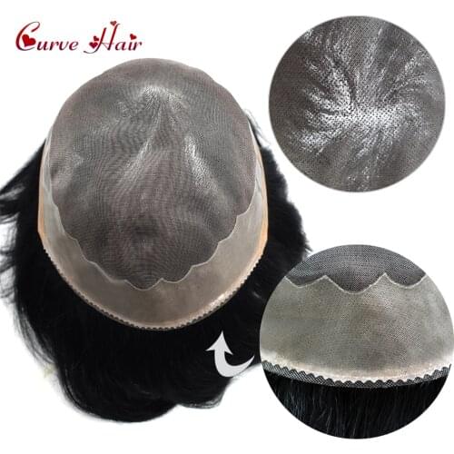 Men Toupee Natural Remy Human Hair Breathable Fine Mono Lace Wig Center Poly Coating Replacement Systems Male Hairpiece