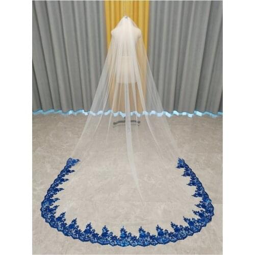 Royal Blue Lace Bridal Veils with Comb White Ivory Tulle Long 3 Metres One Layer Sequins Lace Colored Wedding Veil for Brides