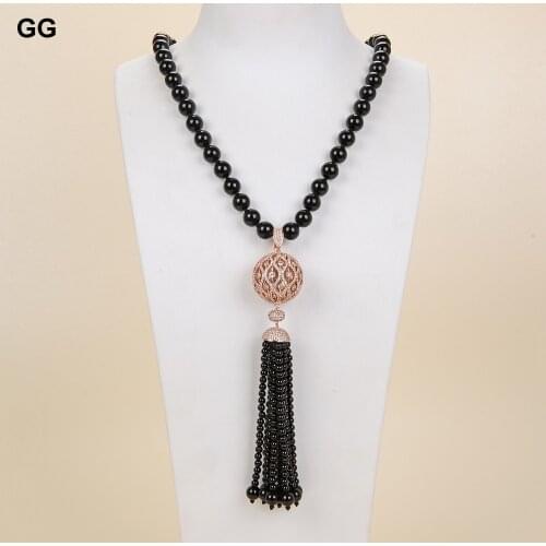 GuaiGuai Jewelry 23'' Round Onyx Necklace CZ Pendant