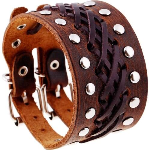 Quality Genuine Leather Handmade Cuff Bracelets Buckle Wrap Rivets Punk Bangles Hand Woven Leather Wristband Motorcycle Jewelry