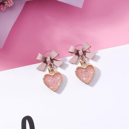 Classic Romantic Women Heart Shaped Earring Sweet Cute Bow Pink Crystal Gold Plated Earring Charm Women Lover Day Gift Jewelry