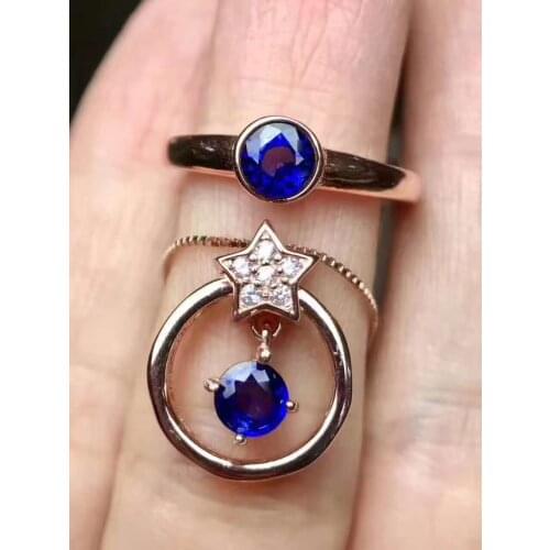Natural blue sapphire Ring Pendant Natural Gemstone Jewelry Set 925 Silver Fashion Cute Exquisite stars girl party Necklace ring